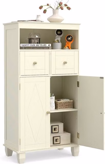 Costway Modern Bathroom Floor Storage Cabinet in Beige with Drawers and Shelves – 1