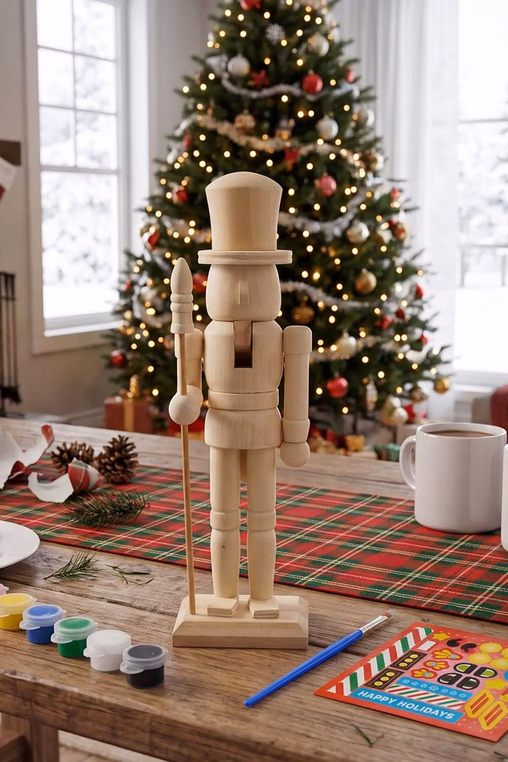 Living and Home Classic Unfinished Wooden Nutcracker Figurine Christmas Tabletop Decoration in White, Brown and Beige – 2
