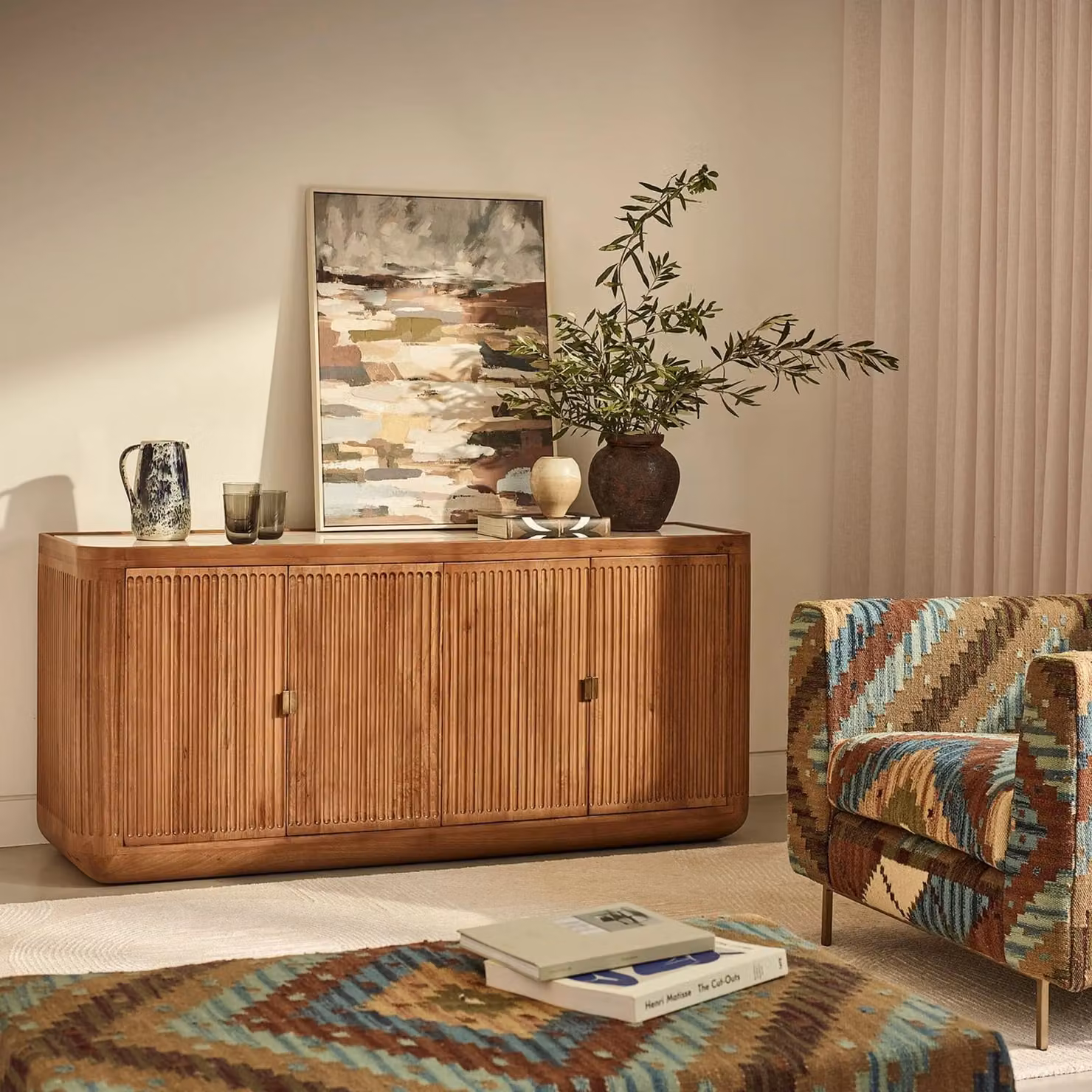 Atkin & Tyme Claris Fluted Marble Sideboard in White and Brown with Mango Wood and Stone