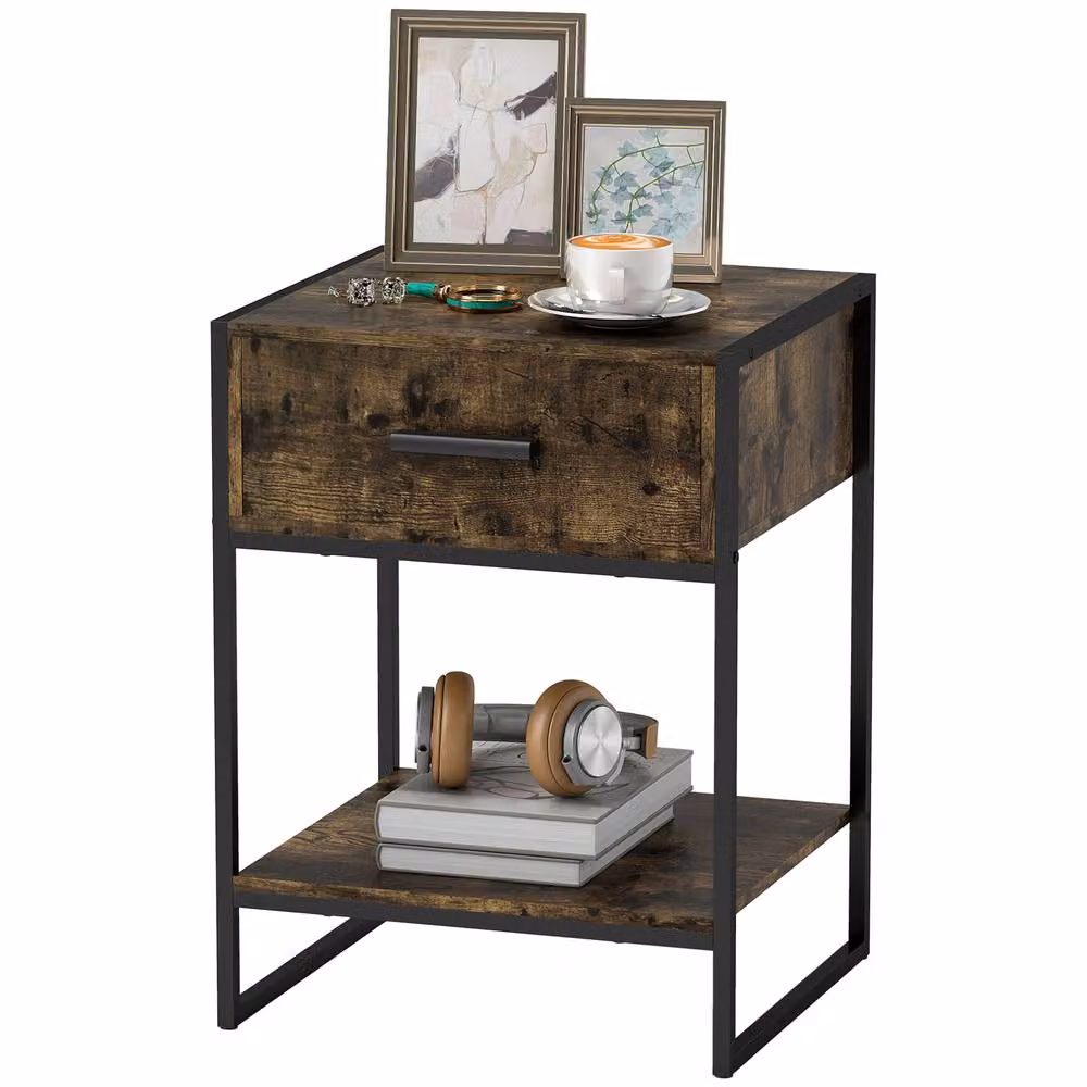STILVORA Bedside Table with Drawer and Shelf in Rustic Brown, W/D/H: 40 x 40 x 60 cm – 4