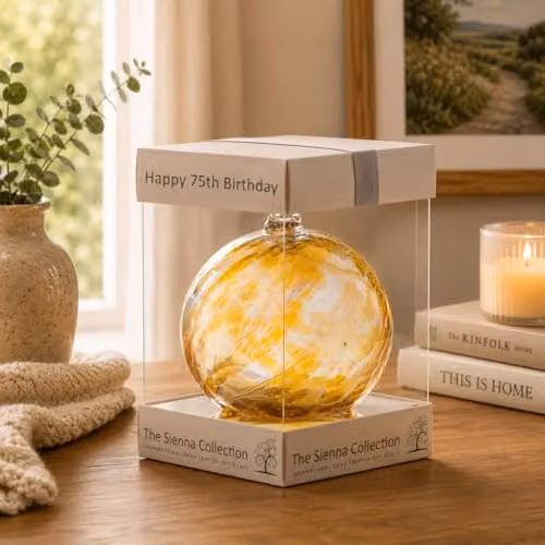 Sienna Glass Gold Happy 75th Birthday Hanging Glass Bauble Ornament, Diameter: 10 cm – 2