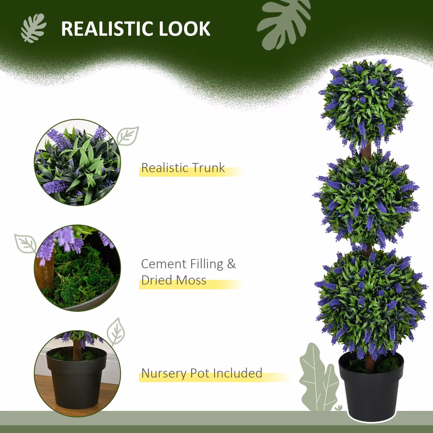HOMCOM Set of 2 Green Artificial Lavender Floral Tabletop Trees – 4