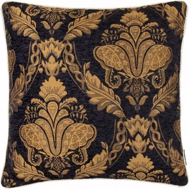 Terrys Shiraz Floral Jacquard Filled Square Cushion, Black and Gold, W/D/H: 45 x 45 x 45 cm
