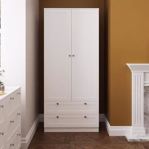 FWStyle Matt White 2 Door Wardrobe with 2 Drawers and Soft Close Doors, H 180 x W 80 x D 50 cm – 3