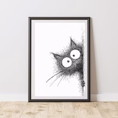 60 SECOND MAKEOVER Peeking Black Cat Print Poster, Multicolour, A4