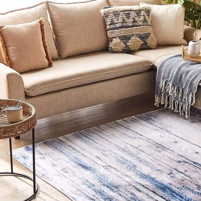 Wyld and Coco Abstract Polyester Rug in Grey, Beige and Blue, W: 140 cm, D: 200 cm