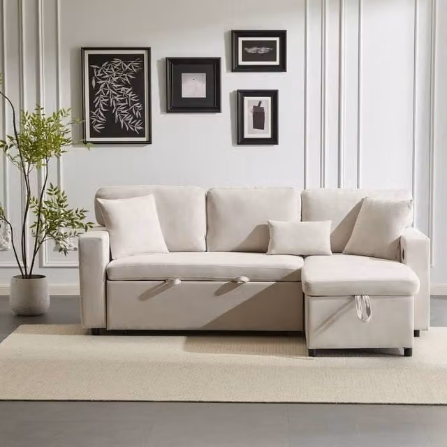 Tokpiedi 3 Seater L-Shaped Reversible Sectional Sofa Bed with USB Charging and Side Shelf in Beige Fabric – 1