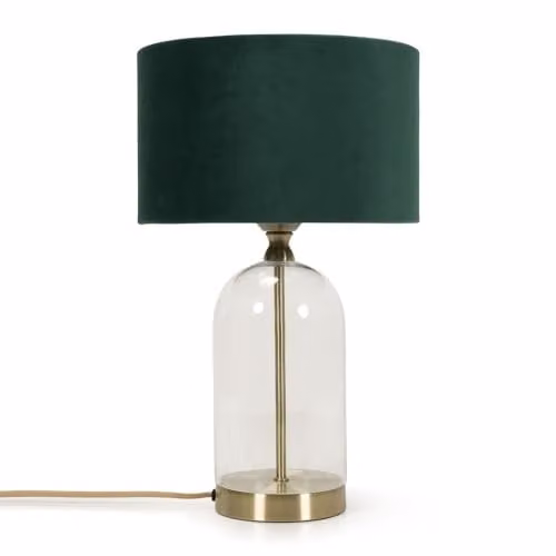 ValueLights Glass and Gold Metal Table Lamp with Green Fabric Lampshade and Warm White LED Bulb