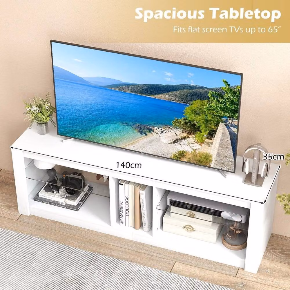 KORVIXA Modern White Glass TV Stand with Integrated Lighting and Media Compartments, W/D/H: 100 x 100 x 100 cm – 2