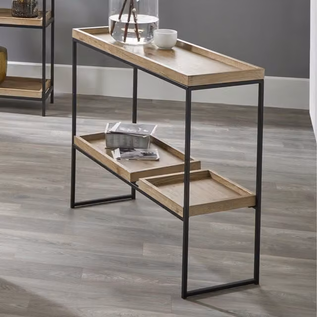 Pacific Lifestyle Modern Hallway Console Table with Removable Shelves in Natural Wood and Black Metal