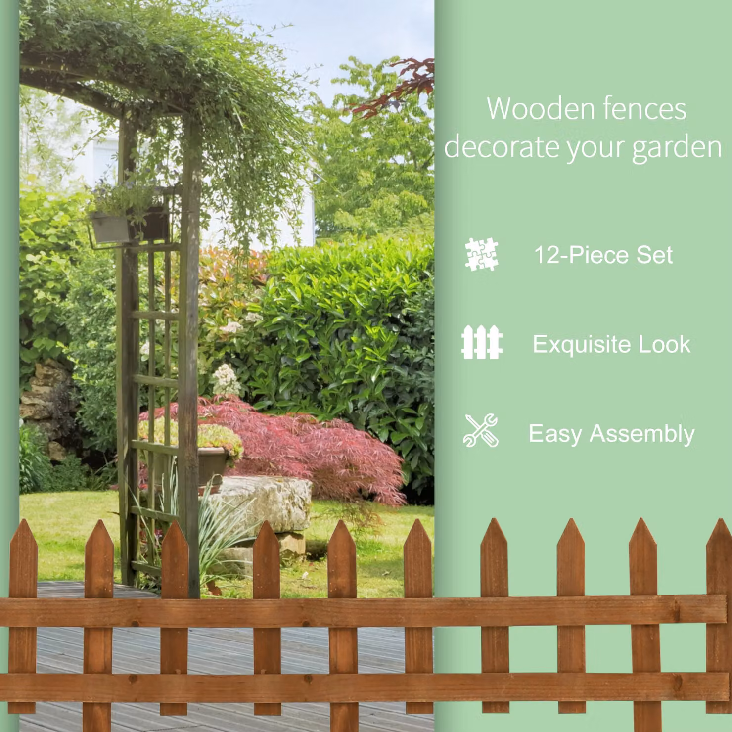 Outsunny Pack of 24 Brown Wooden Garden Border Fences for Lawn Edging and Flowerbeds, W/D/H: 60 x 1 x 34 cm – 6