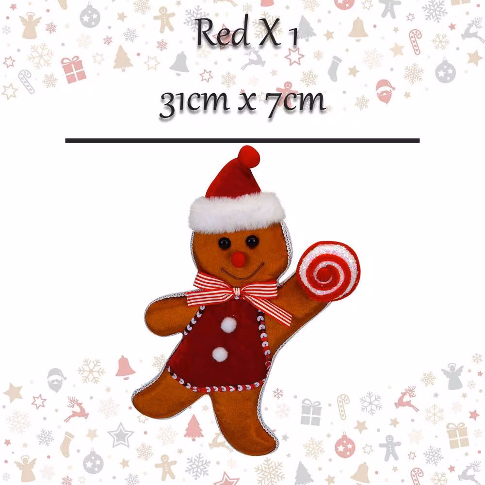 VFM e-Store Christmas Gingerbread Man Hanging Decoration, Red and Multicolour Textile Ornament, H 31 cm x W 7 cm – 2