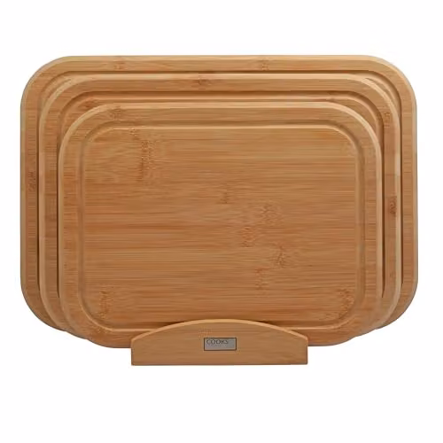 Cooks Professional 3 Piece Bamboo Chopping Board Set with Storage Stand in Brown