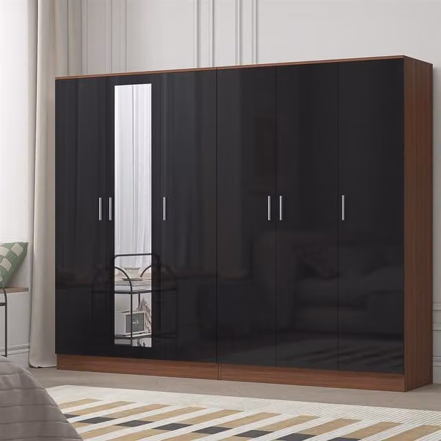 REFLECT Gloss Wardrobe Bundle with 3-Door Mirror and 3-Door Plain Design in Black Gloss and Matt Walnut