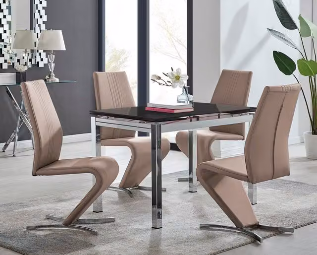 FurnitureboxUK Enna Black Glass Extending Dining Table and 4 Willow Chairs in Cappuccino