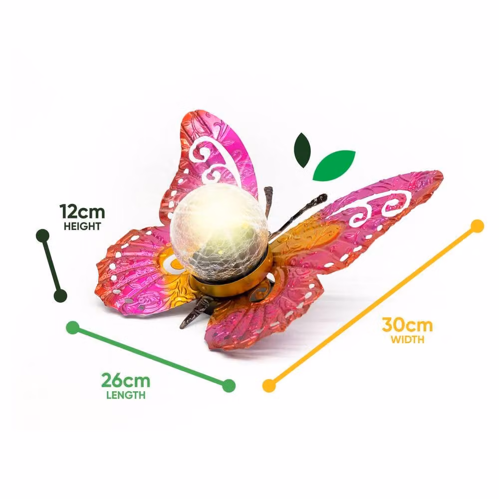 Gardenwize Solar Metal Sunset Butterfly Garden Light with Pink LED Crackle Glass Ball – 2