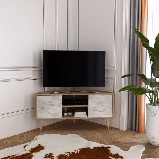 Decorotika Lesson Corner Minimalist TV Unit in White and Grey with Cable Management