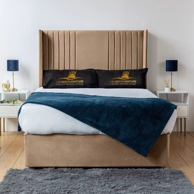 UK Bed Furniture Skyline Wingback Divan Bed Base with 54 Inch Headboard in Beige, Super King, W/D/H: 200 x 165 x 137.16 cm
