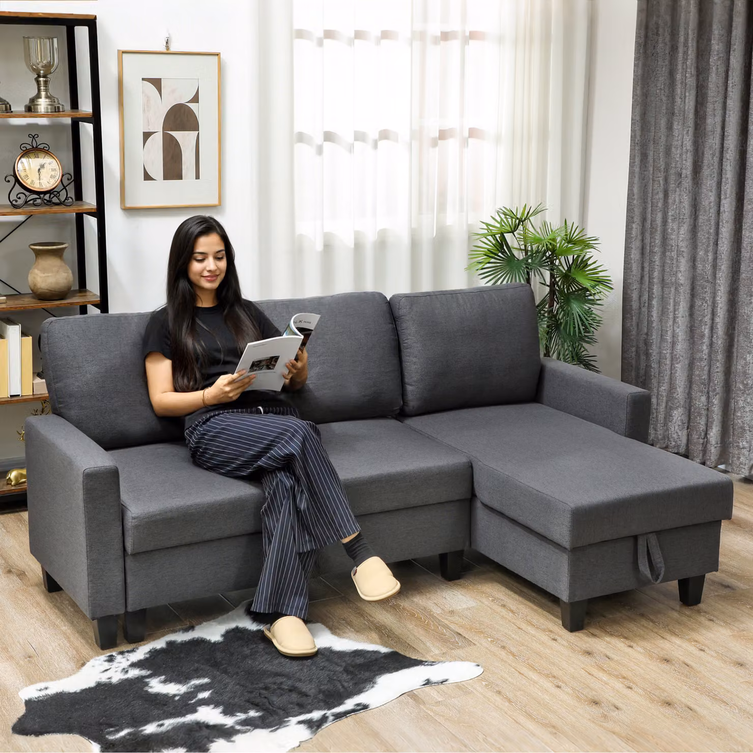 HOMCOM Three-Seater L-Shape Storage Sofa Bed in Charcoal Grey with Scratch Resistant Fabric – 2