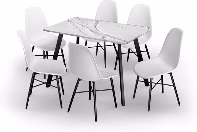 URBNLIVING White Marble Dining Table and 6 Tulip Chairs Set with Metal Legs