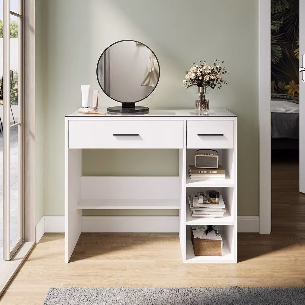 ERGOVEXA White Glossy Dressing Table Vanity Makeup Desk with 2 Drawers and 3 Shelves, W: 40 cm, D: 40 cm, H: 77 cm – 2
