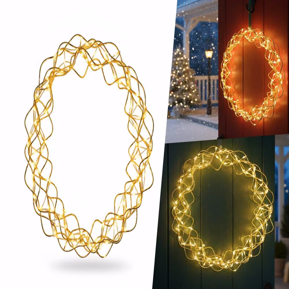 Pegdev Gold Christmas Door Wreath with 140 LED Copper Lights and Timer, 30 cm Diameter – 3