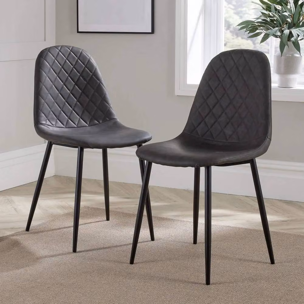 FORGEVIO Set of 2 Grey Diamond Fabric Kitchen Dining Chairs with Black Metal Legs – 3
