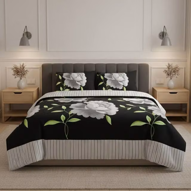 Snug City Reversible Floral Duvet Set and Pillowcase in Black, W: 140 cm, H: 200 cm