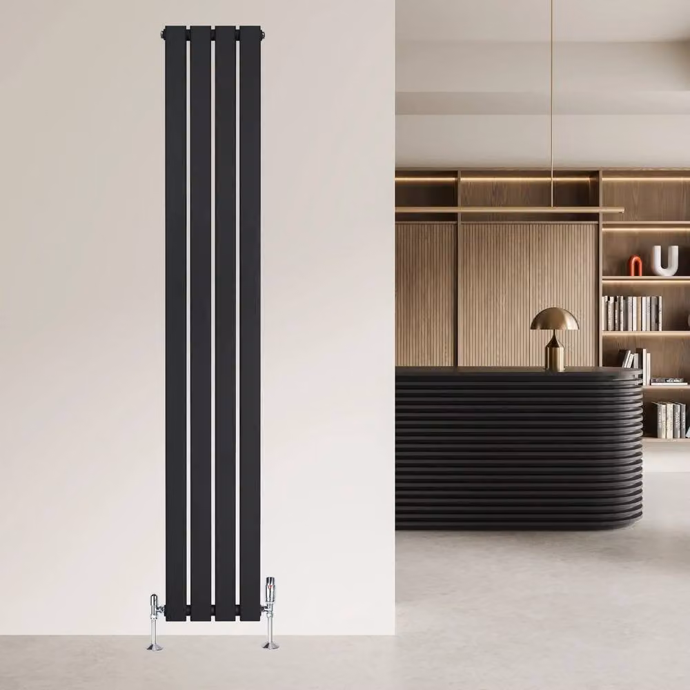 Monstershop Black Steel Flat Single Column Radiator with Thermostat Head and Valves, H: 180 cm, W: 28 cm, D: 6 cm – 8
