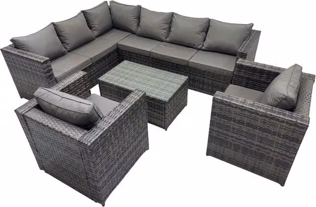 Fimous 8-Seater Outdoor Rattan Corner Sofa Set in Dark Grey Mixed with Fabric Cushions and Coffee Table