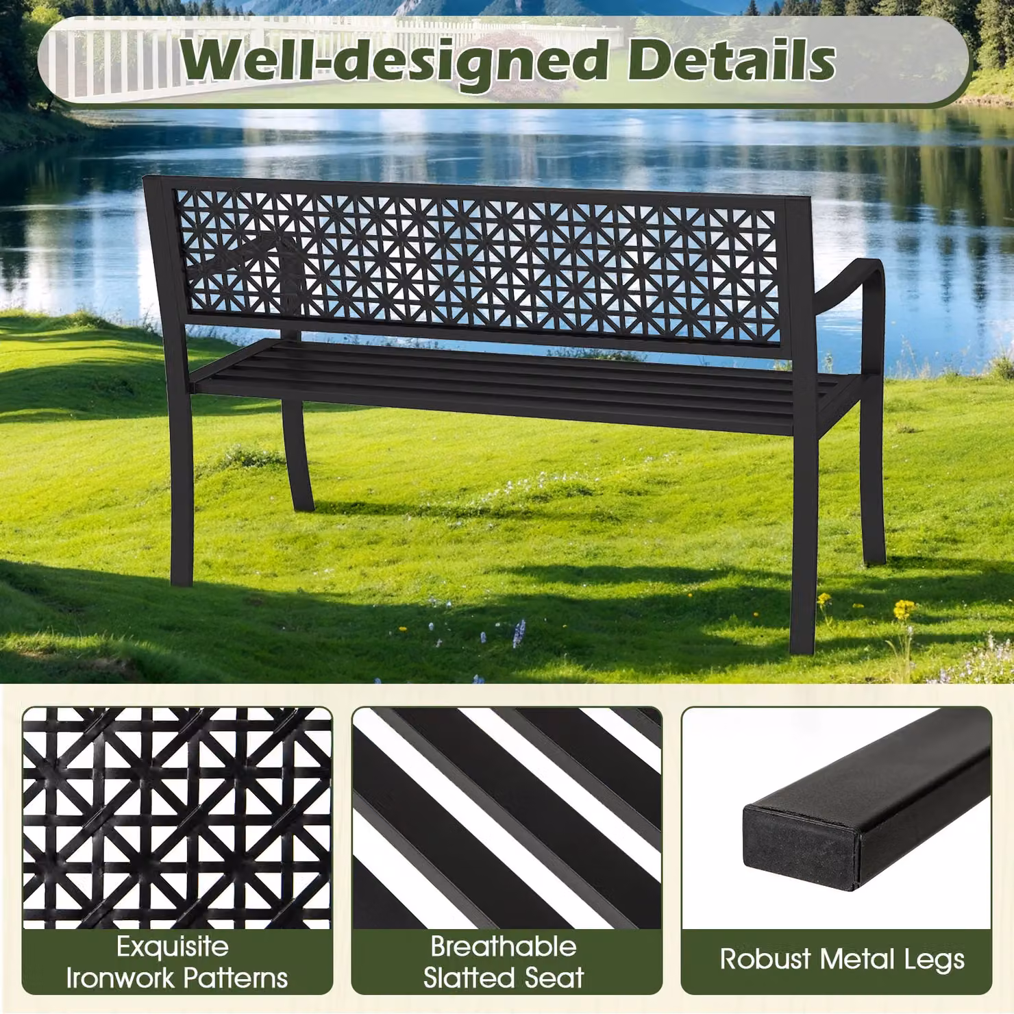 Costway Black Metal Outdoor Patio Bench for 2-3 People, Width: 127 cm – 6