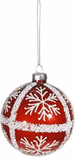 KDMD Red Glass Christmas Baubles with White Glitter Snowflakes, Pack of 3, Diameter: 8 cm
