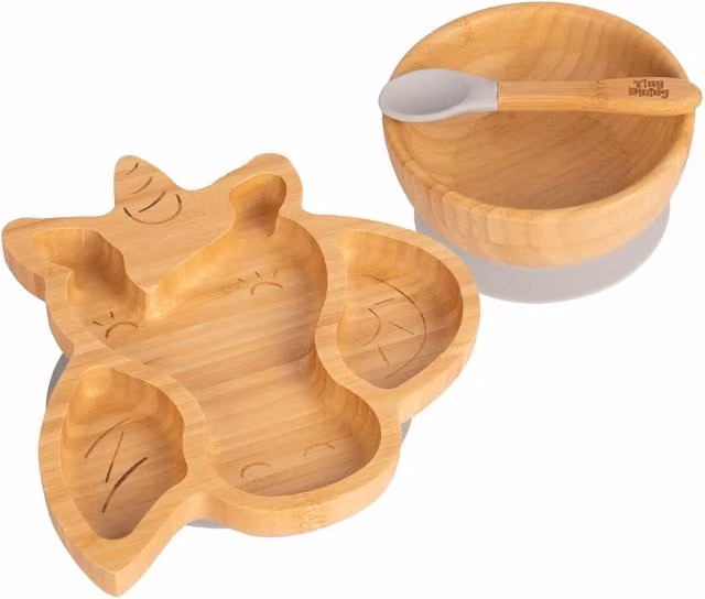 Tiny Dining Grey Bamboo and Silicone Unicorn Suction Dinner Set for Babies