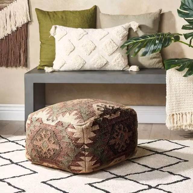 Wyld and Coco Multicolour Geometric Jute and Wool Pouffe W: 50 cm, D: 50 cm, H: 30 cm – 1