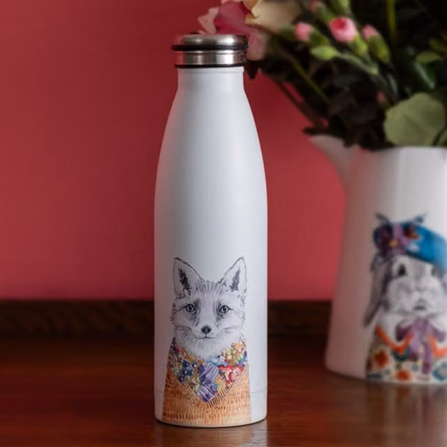 Mikasa Tipperleyhill Fox Print Vacuum Insulated Stainless Steel Travel Water Bottle, 500ml, White