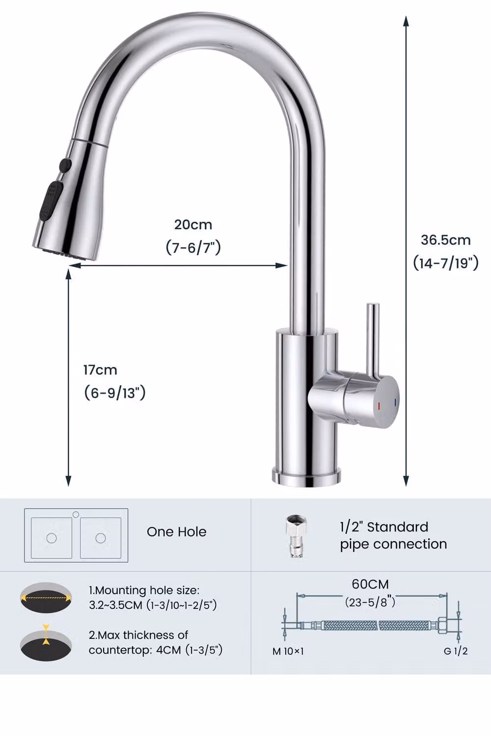 JANLEMNY Silver Kitchen Mixer Tap with Pull-Out Sprayer, 360 Degree Swivel Spout and Single Lever Control, W: 1000 mm, D: 400 mm – 4