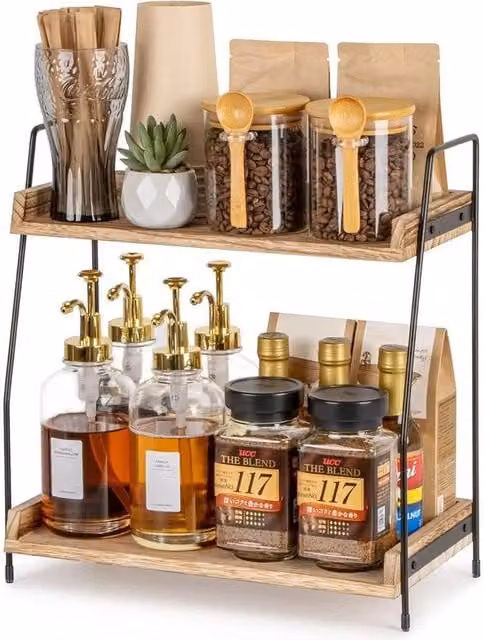 VOGREX 2-Tier Industrial Wooden and Metal Countertop Coffee Bar Storage Shelf in Brown