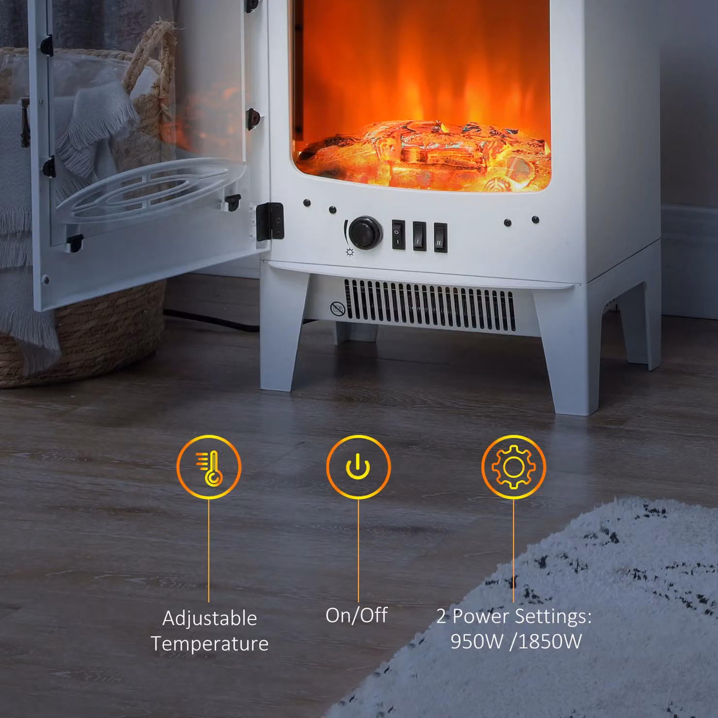 HOMCOM Freestanding Electric Fireplace with Realistic Flame Effect in White – 4