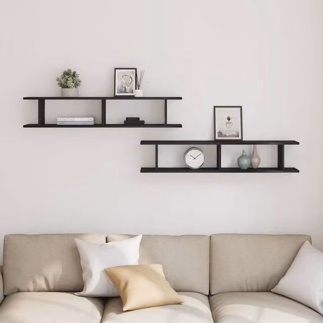 Berkfield Home Wall Mounted Shelves, 2 Piece Black Oak Engineered Wood, W: 105 cm, D: 20 cm, H: 18 cm