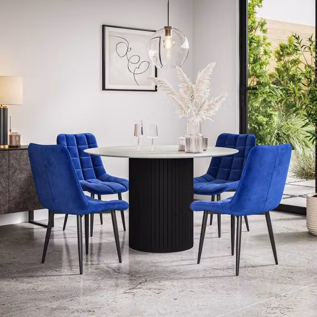 More4Homes Arlo Round White Marble Top Dining Table with Black Legs and 4 Blue Nova Velvet Dining Chairs Set, W: 120 cm, H: 75 cm