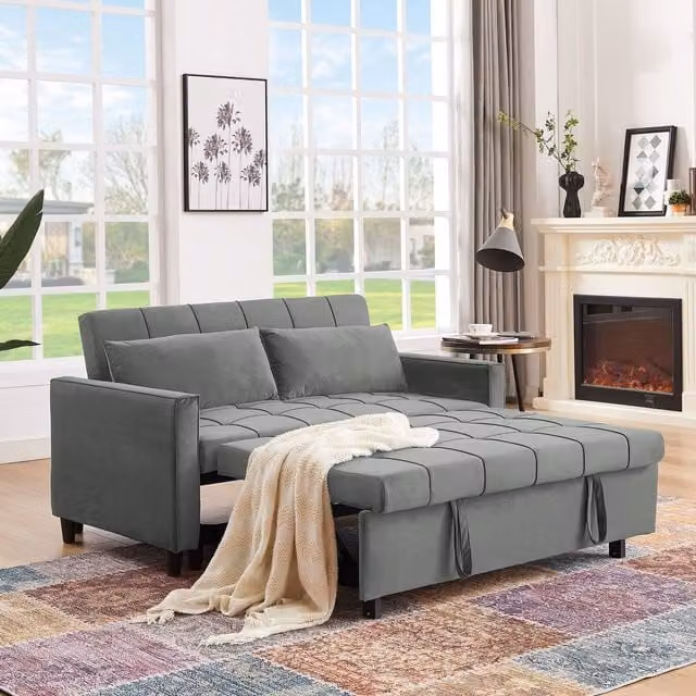 Furniture One Grey Velvet Convertible 3-in-1 Sofa Bed with Solid Wood Frame