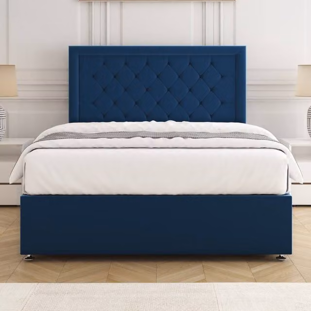 BSSPOKE Nova Plush Velvet Divan Bed Set with 24 inch Headboard and Mattress in Blue, Double, W/D/H: 140 x 200 cm
