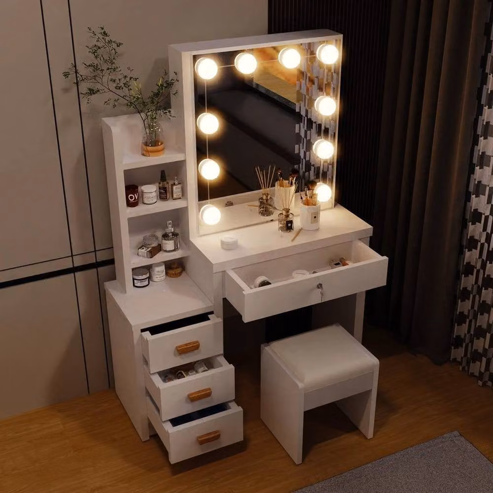 FORGEVIO Modern White Dressing Table Set with Hollywood LED Mirror and Stool – 3