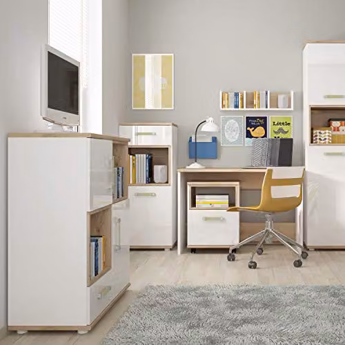 Furniture To Go 4KIDS Childrens Cupboard with 2 Doors, 1 Drawer and 2 Open Shelves in White and Light Oak Glossy Finish – 2