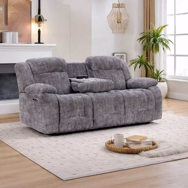 Furnishings For Less UK Unico 3 Seater Electric Power Recliner Sofa in Grey Fabric with USB Charging, Cup Holders and Adjustable Headrests – 1