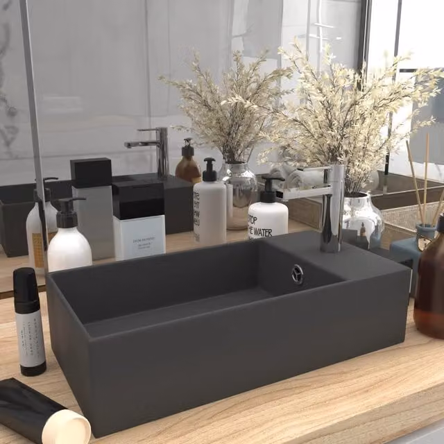 Berkfield Home Ceramic Bathroom Sink with Overflow in Dark Grey