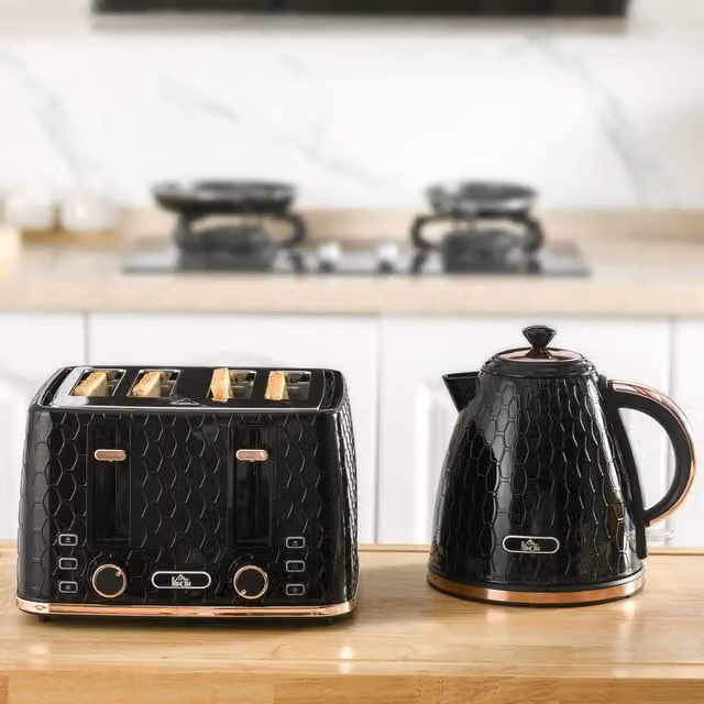 HOMCOM Black Kettle and Toaster Set with 1.7L Capacity, Defrost, Reheat and Crumb Tray – 1