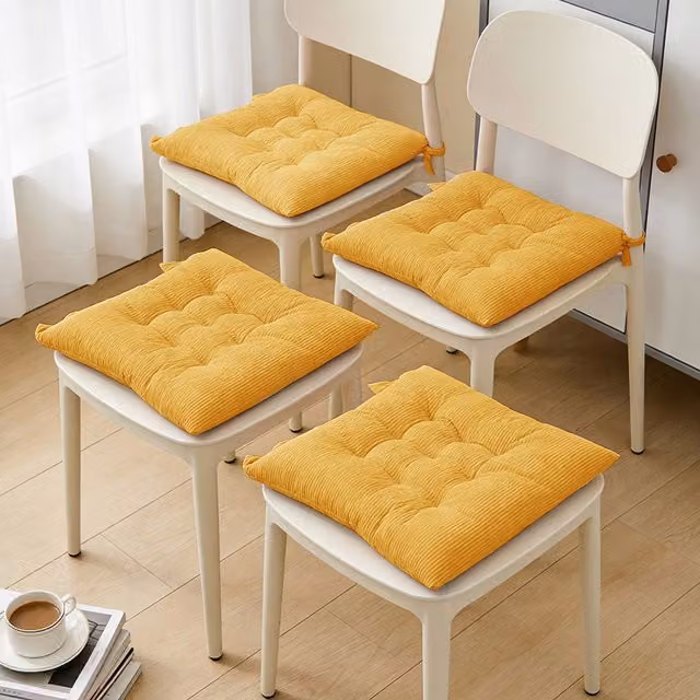 Livingandhome Set of 4 Yellow Corduroy Square Chair Cushions with Non-Slip Hook and Loop Fastening