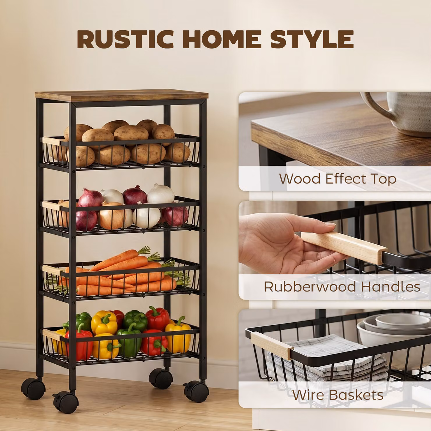 HOMCOM 4-Tier Metal Kitchen Trolley with Pull-Out Baskets and Swivel Casters, Rustic Brown – 4