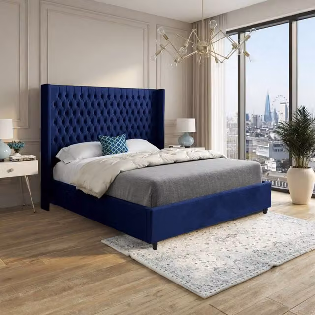 Casani Tickhill Super King Upholstered Designer Bed Frame in Blue Soft Velvet, W/D/H: 200 x 137 x 189 cm – 1
